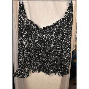 280 A New Day Black Smocked Long Sleeve Top – Square Neck Floral Print Blouse